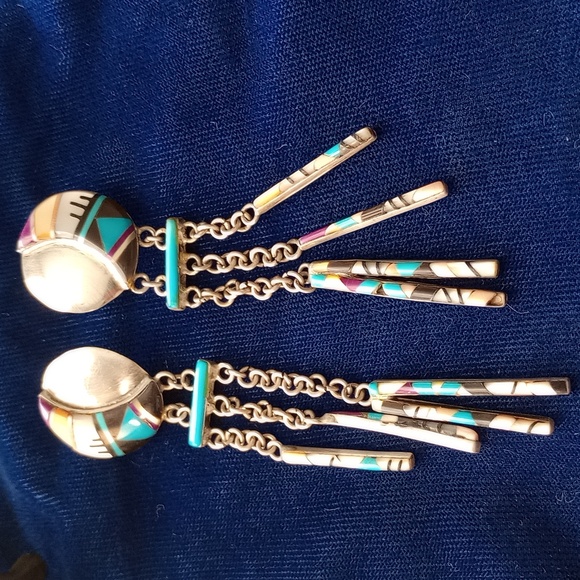Native American Zuni Multi-stone Inlay Sterling Silver Dangle Stud Earrings - Picture 12 of 17